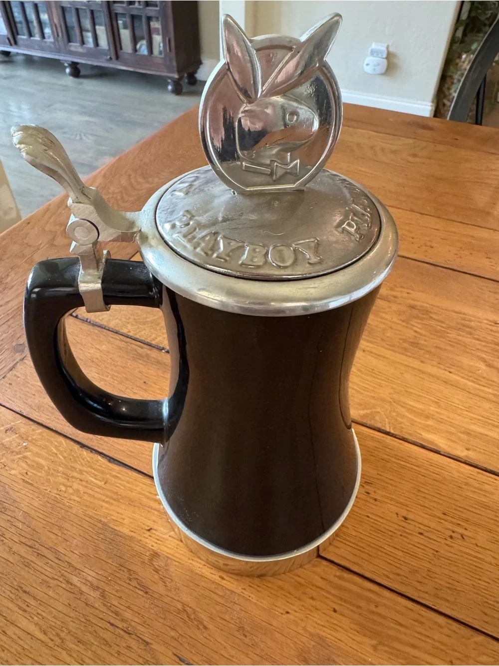 Rare Vintage PLAYBOY Black Ceramic Beer Stein with Metal Bunny and Base
